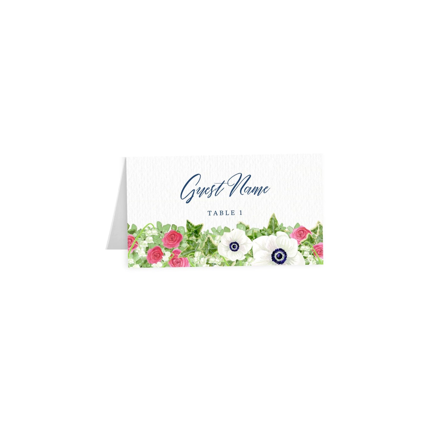White tented escort card with floral anemone border, navy script “Guest Name” — Table 1