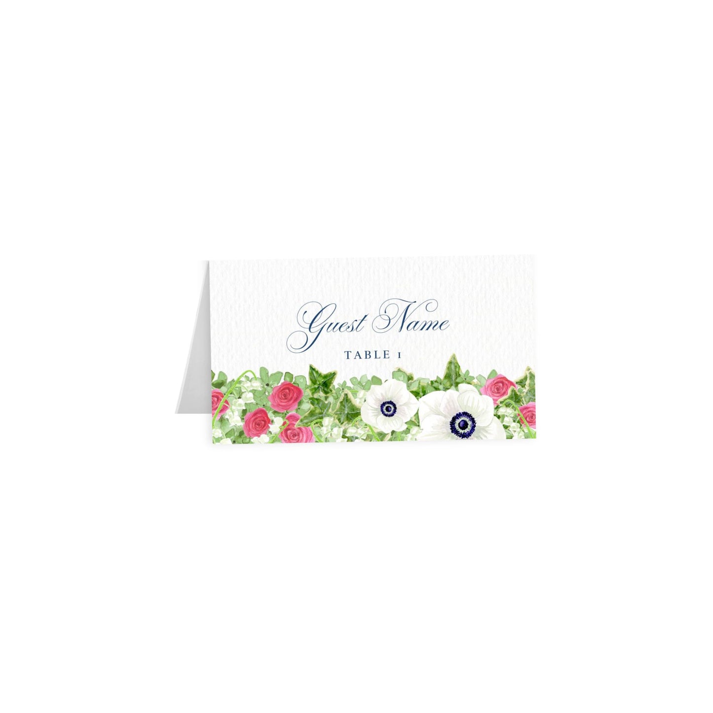 White tented escort card with floral anemone border, gray-blue script “Guest Name” — Table 1