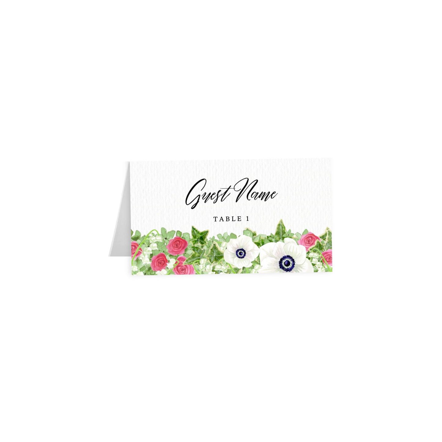 White tented place card with floral anemone border; navy cursive “Guest Name,” Table 1