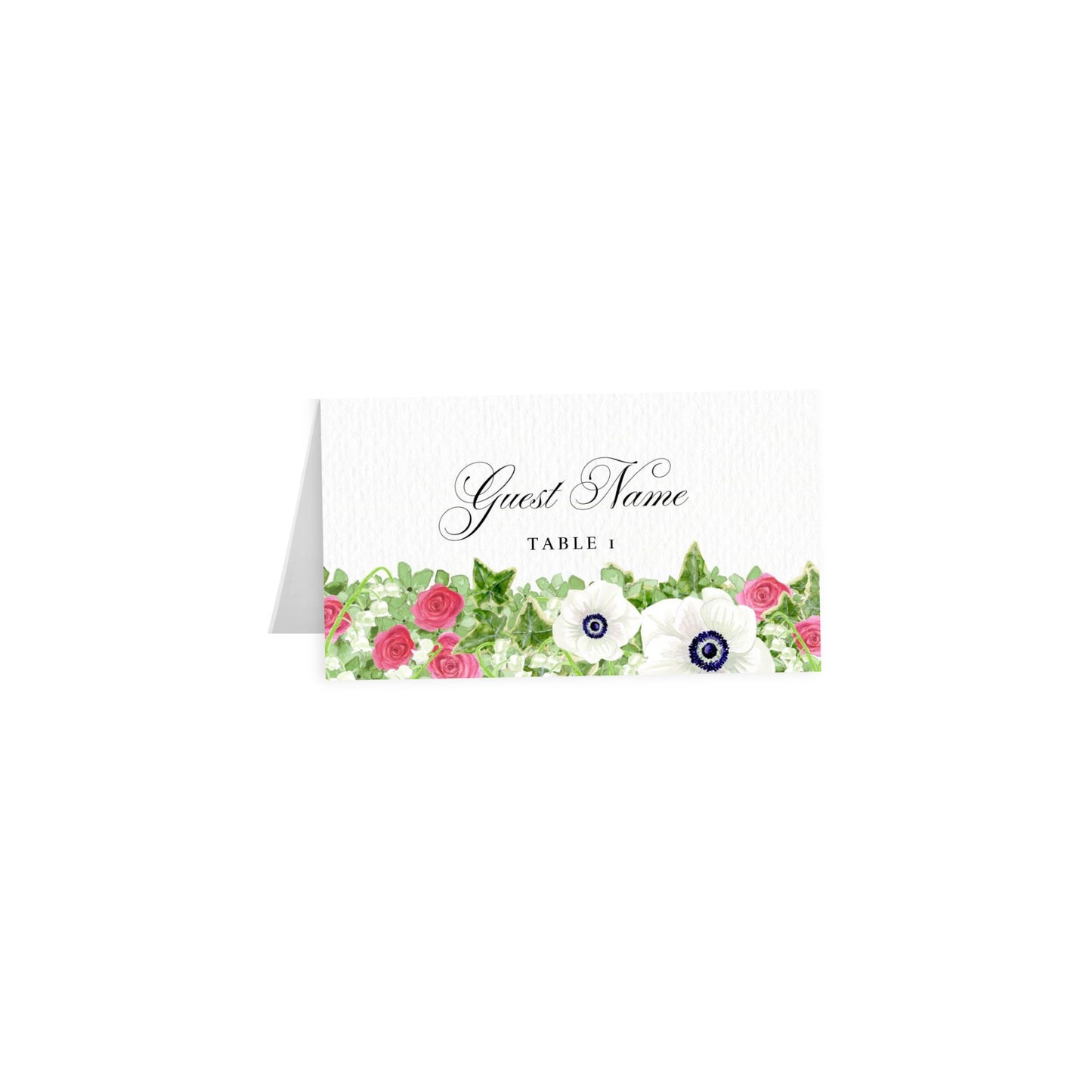 White tented place card with floral anemone border; gray-blue cursive “Guest Name,” Table 1