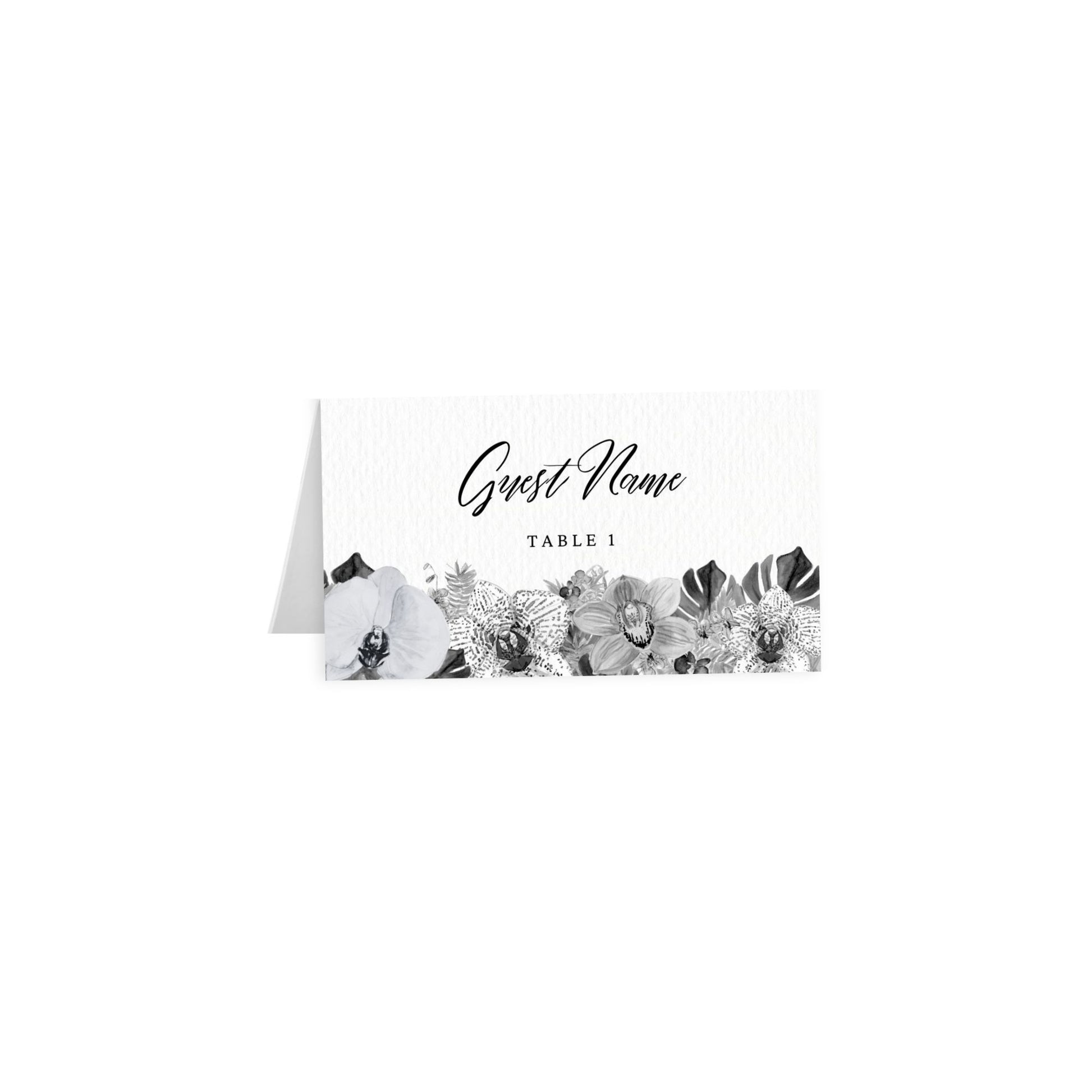Tented escort card: black cursive Guest Name, Table 1 over black/white tropical florals