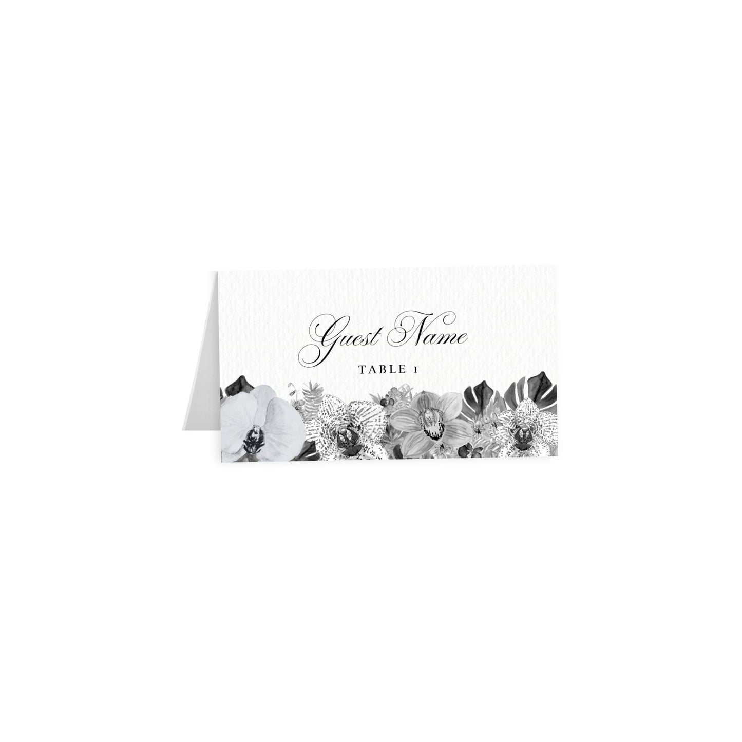 Tented escort card: gray cursive Guest Name, Table 1 over tropical black/white florals