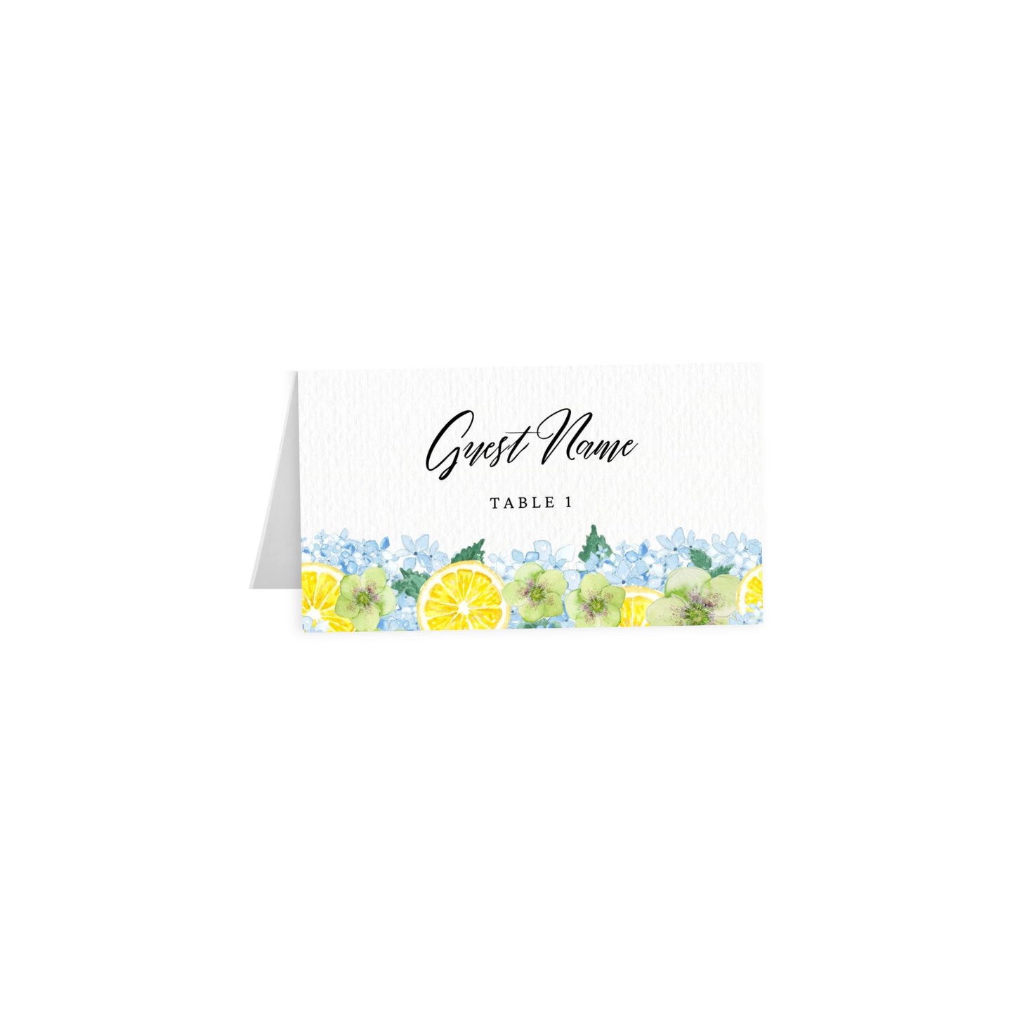 Tented card: script “Guest Name” in blue-gray, lemon & hydrangea border