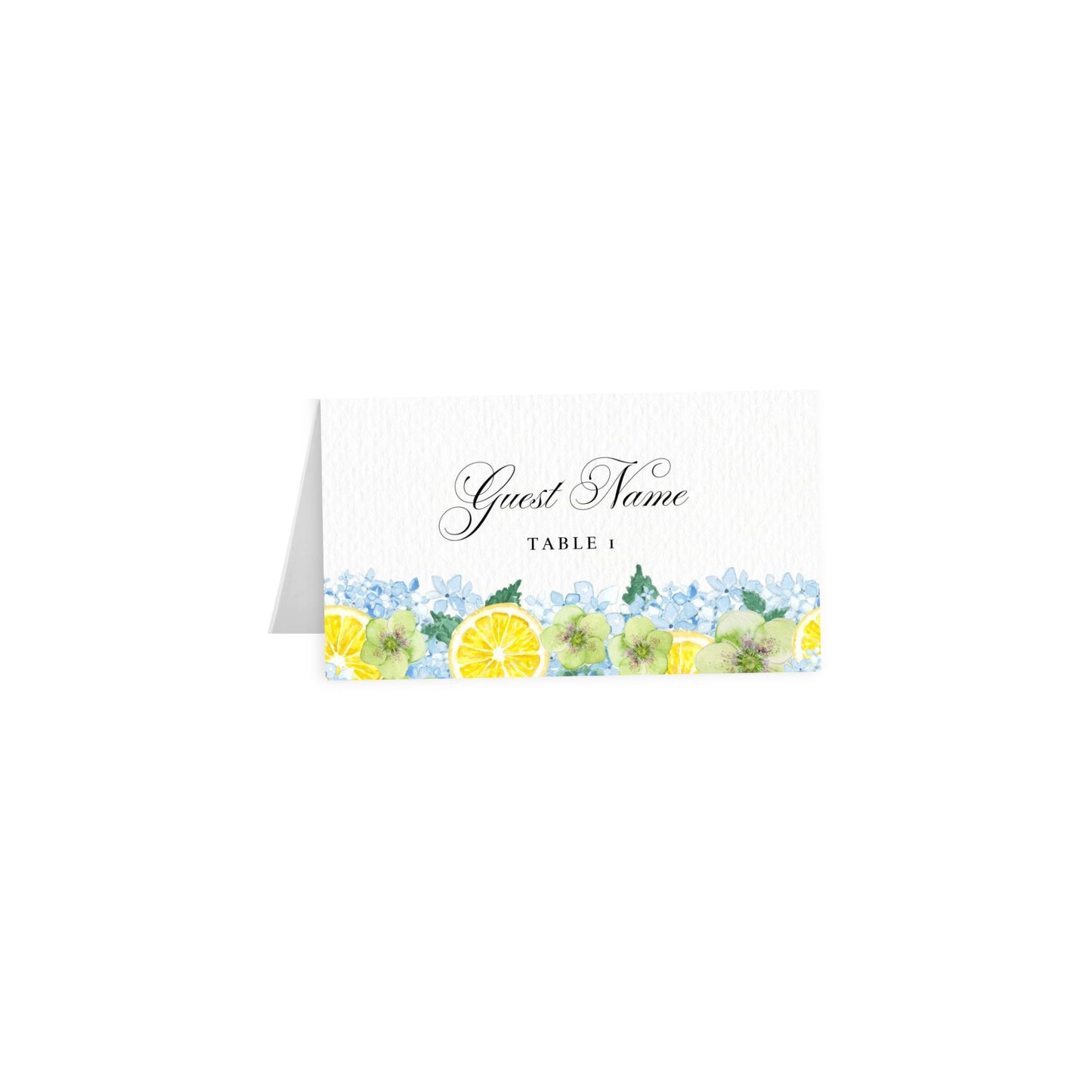 Tented card: script “Guest Name” in gray-blue, TABLE 1, lemon & hydrangea border