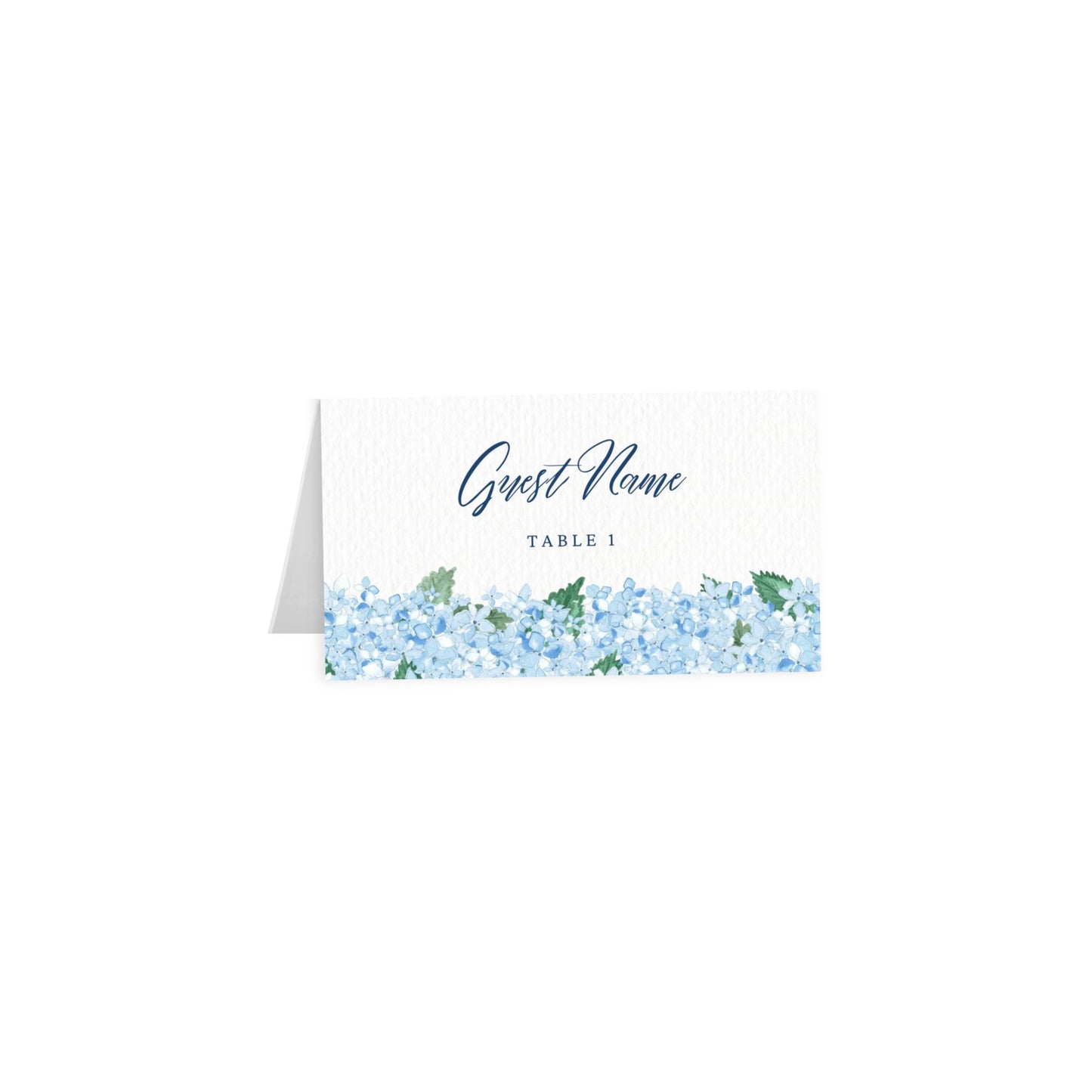 Hydrangea tent card with Guest Name in navy blue script and Table 1 text