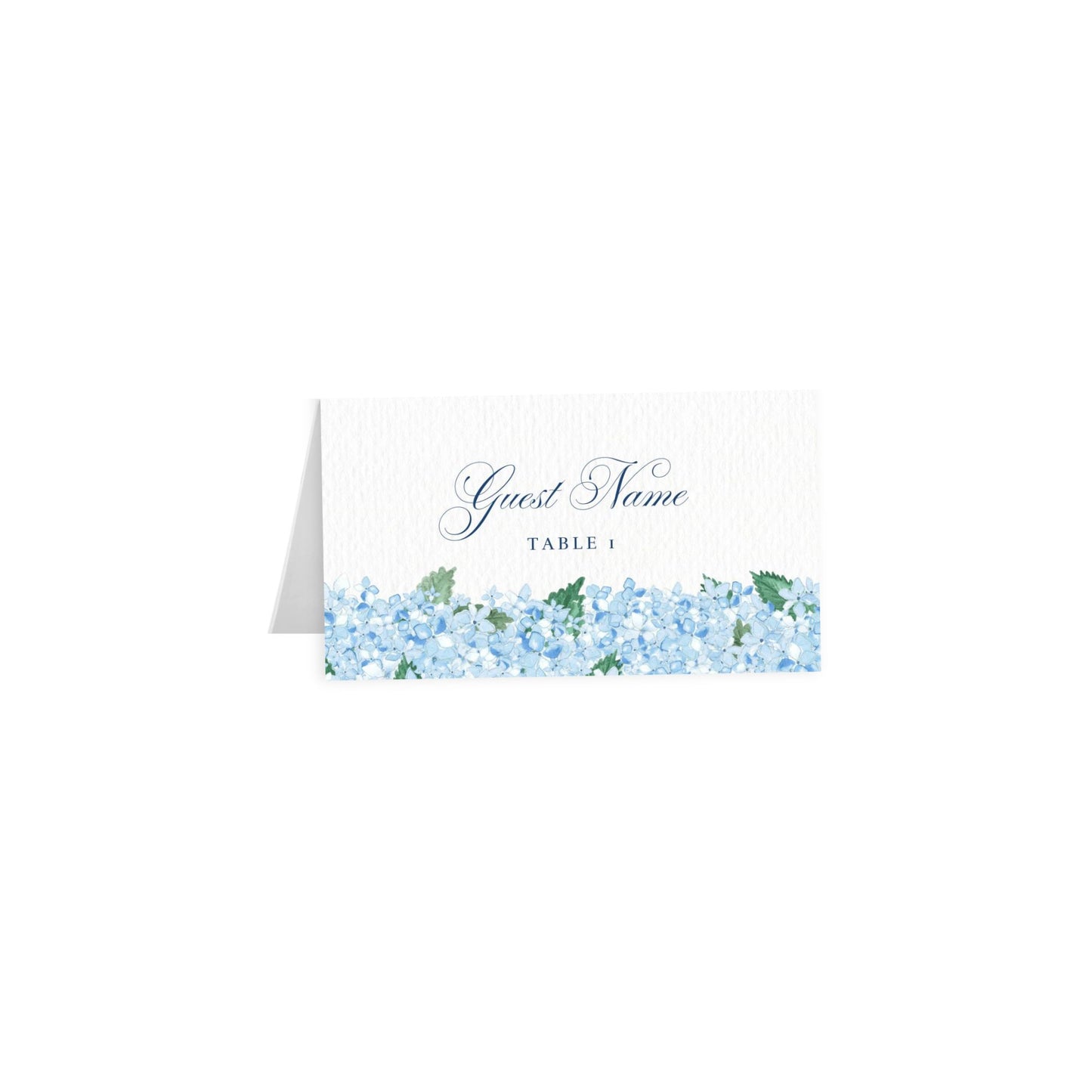 Hydrangea tent card, Guest Name in light gray-blue script over Table 1