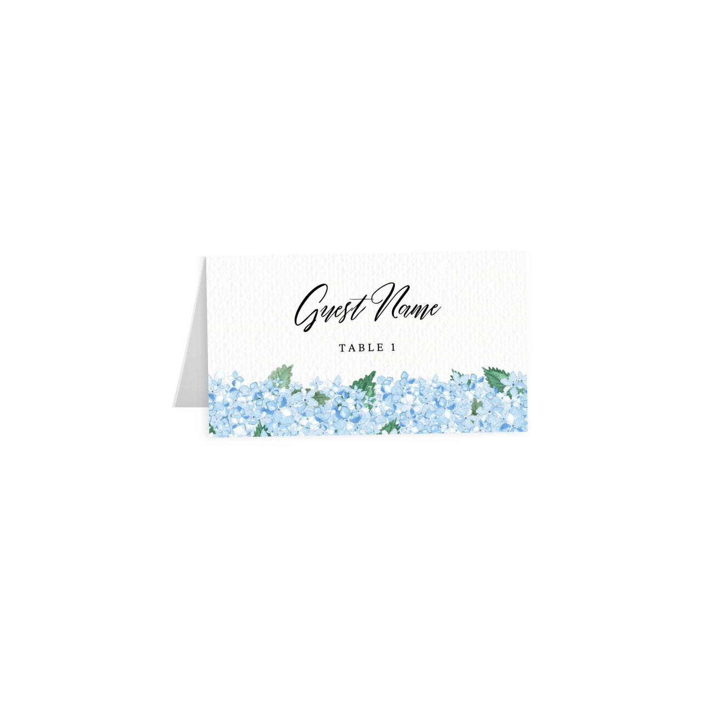 Hydrangea tent card with Guest Name in black script and Table 1 text