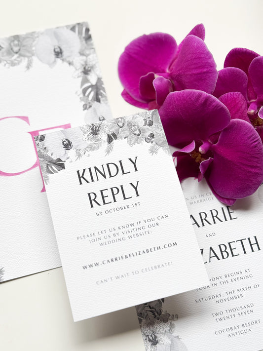 Floral watercolor RSVP card: KINDLY REPLY, BY OCTOBER 1ST, website details