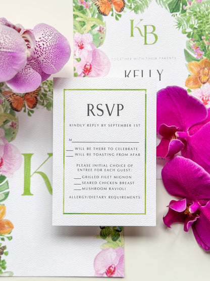 Watercolor border RSVP card with green frame and RSVP details list