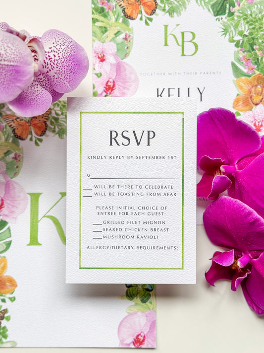Watercolor border RSVP card with green frame and RSVP details list