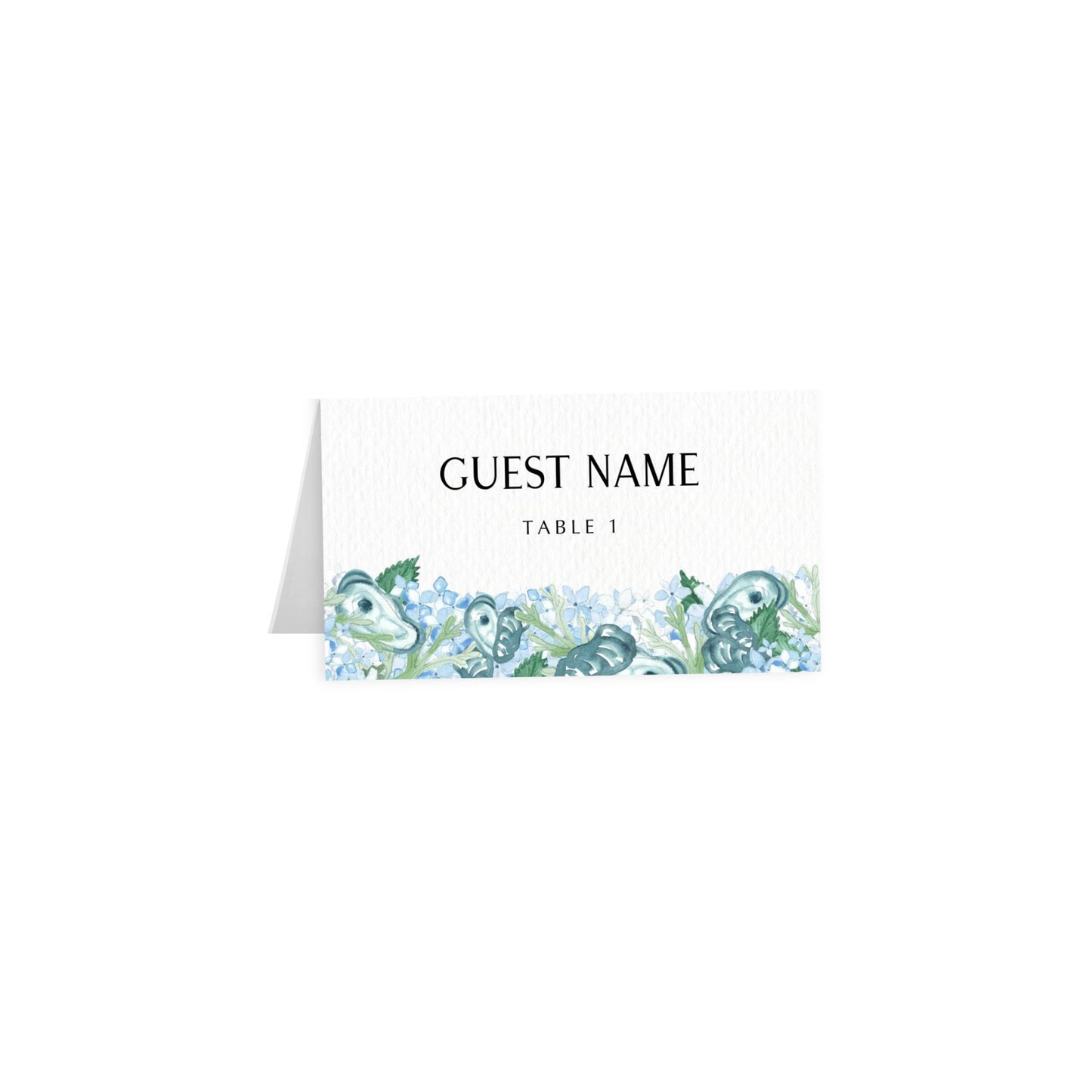 Coastal oyster tent card: clean black uppercase Guest Name, Table 1