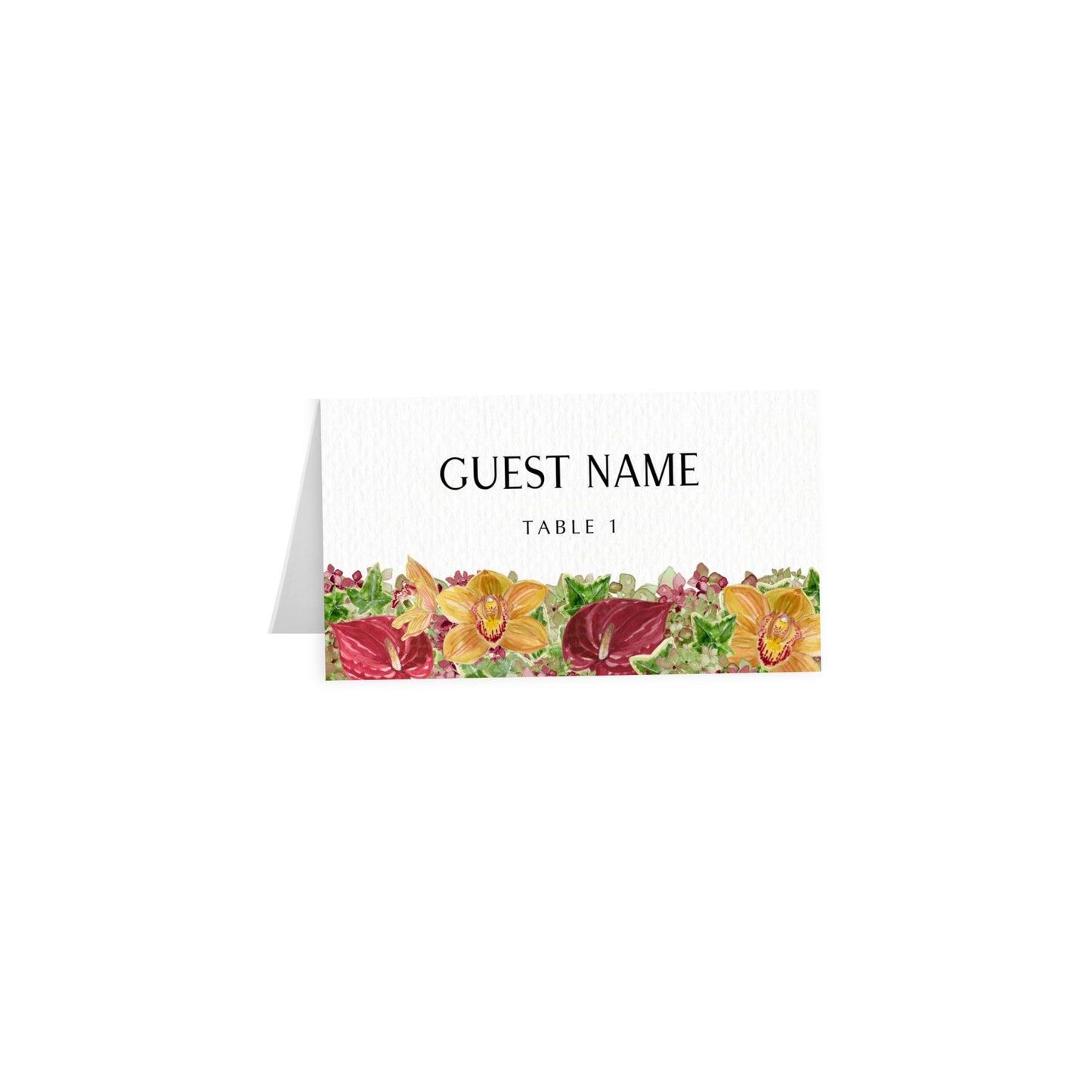 Tent escort/place cards, “GUEST NAME” uppercase navy and “TABLE 1”, red floral band