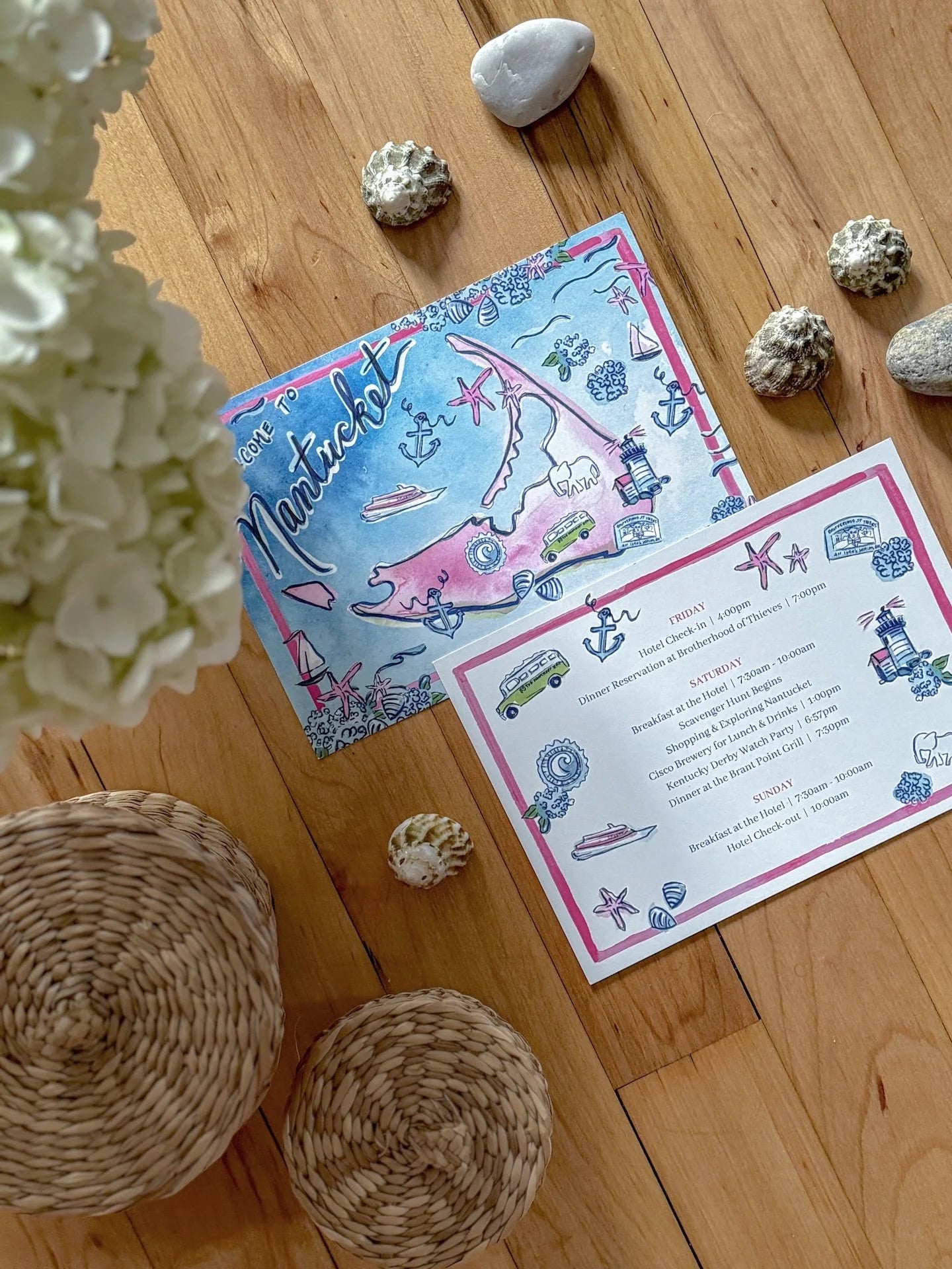 Preppy Nantucket wedding welcome cards with a handpainted map of Nantucket in blue and pink watercolor.
