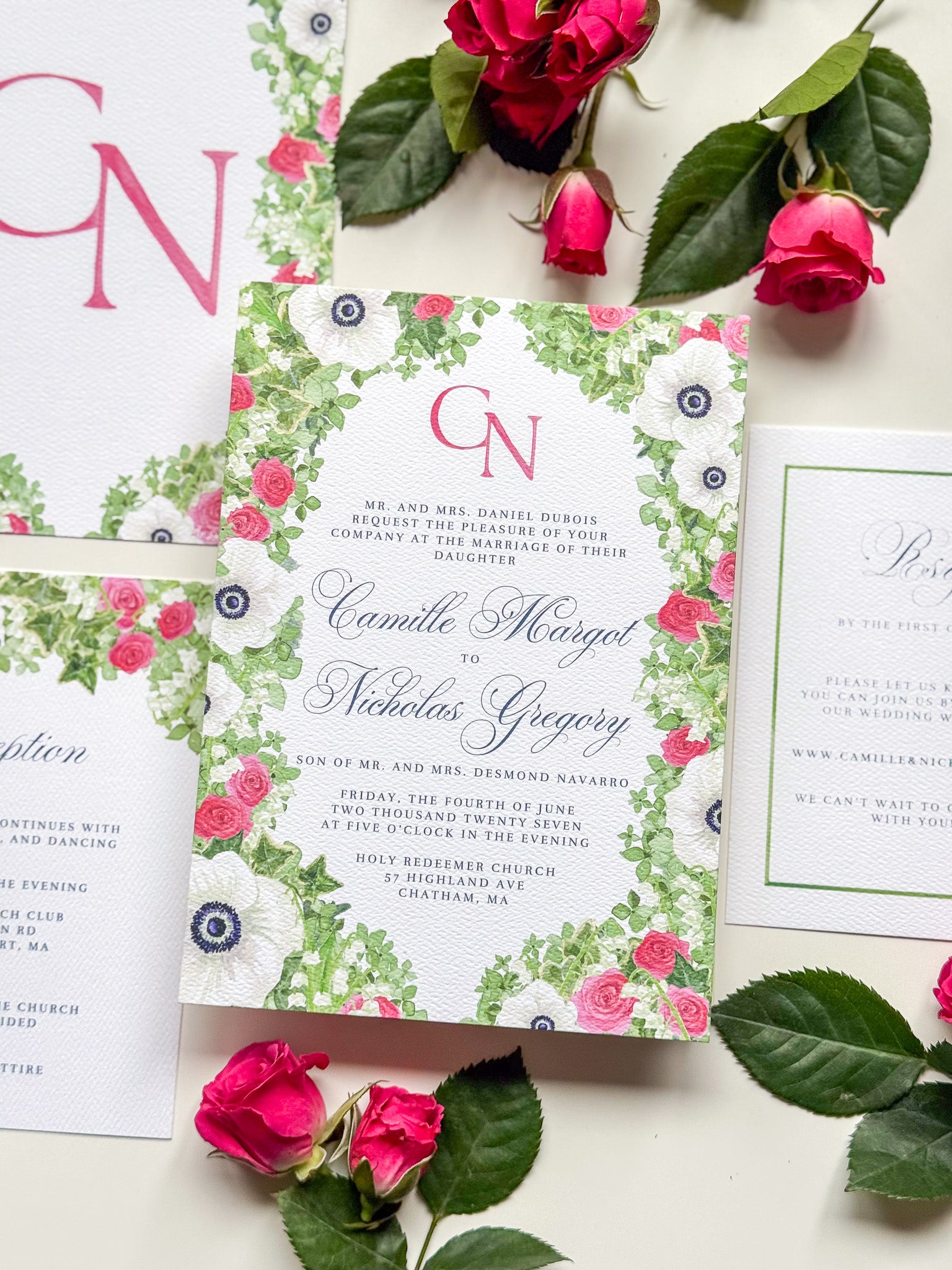Floral watercolor wedding invitation, front side with pink monogram and rose details