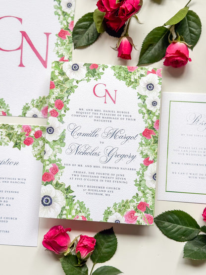 Floral watercolor wedding invitation, front side with pink monogram and rose details