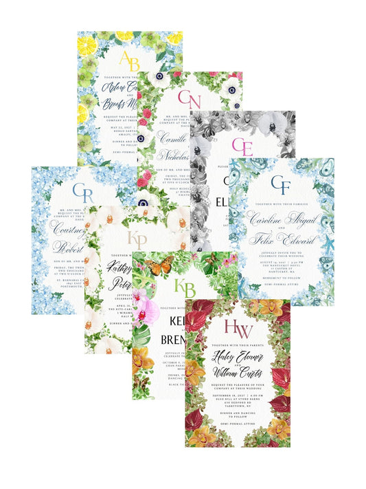 Floral paper sample collection of botanical cards with lettered headers and borders