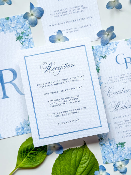 Watercolor border enclosure card with “Reception” text in blue frame