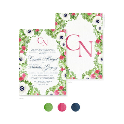 Camille watercolor wedding invitation set, front with pink monogram and floral border