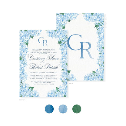 Watercolor invitation swatches: ocean blue, powder blue, and emerald green ink dots