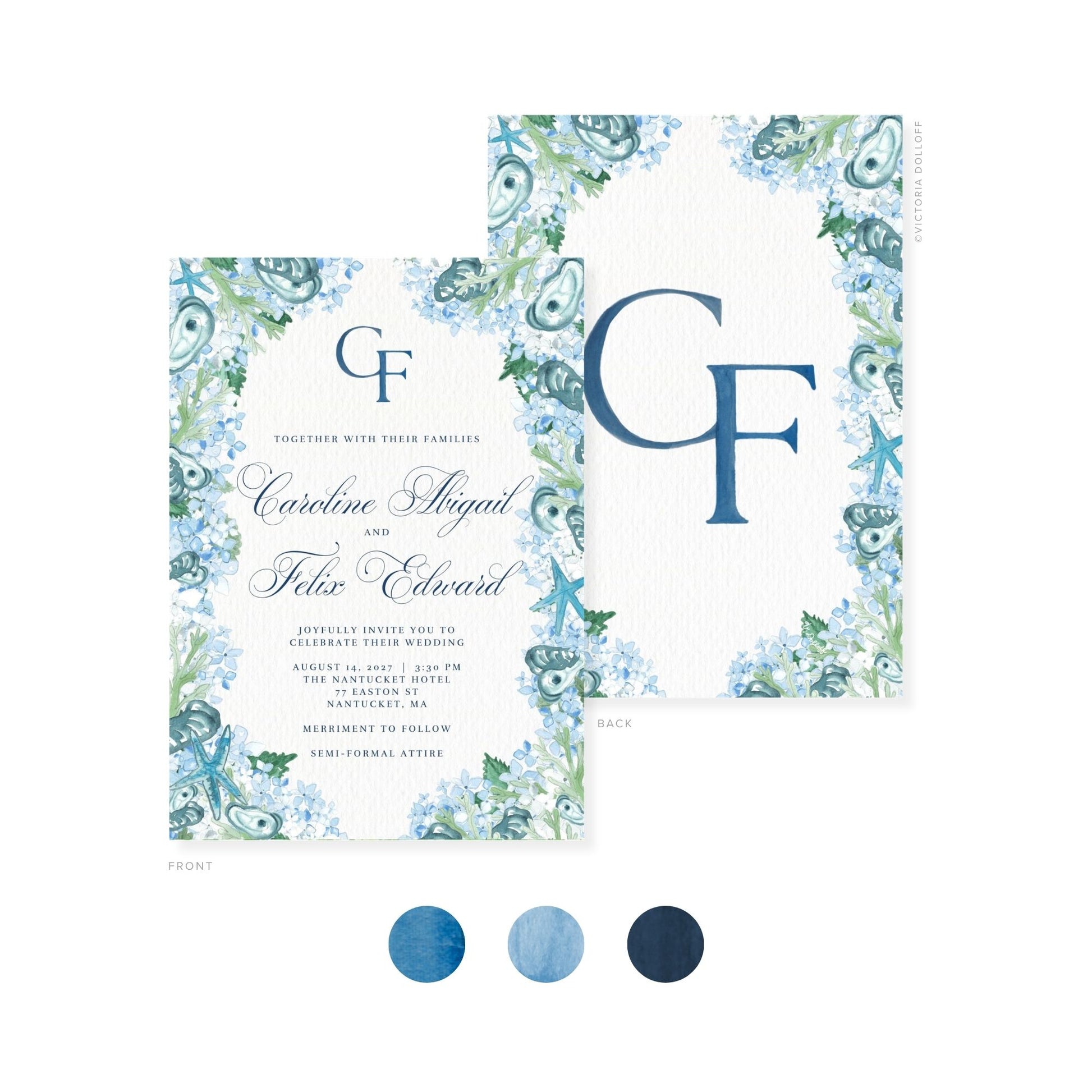 Watercolor invitation set: front and back with blue CF monogram on floral border
