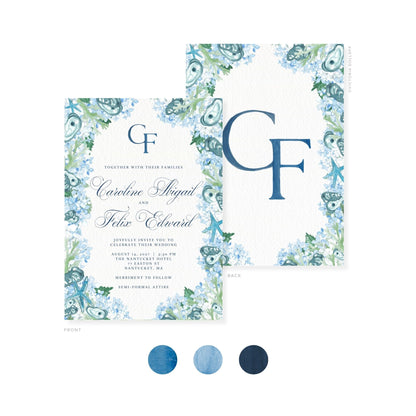 Watercolor invitation set: front and back with blue CF monogram on floral border