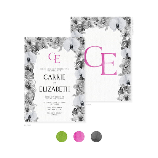 Wedding invitation front and back with floral wreath border and orchid-pink monogram