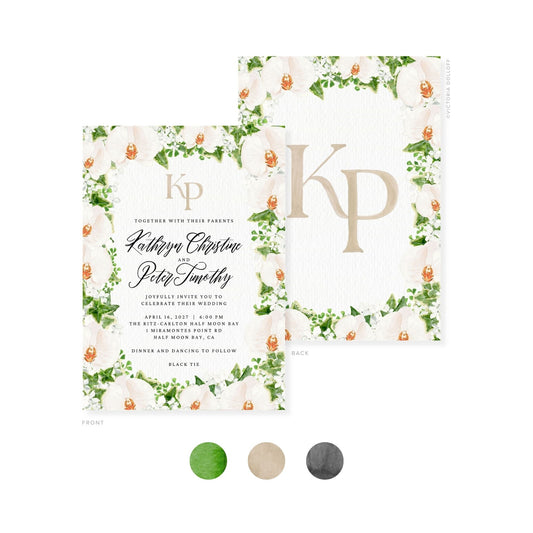 Watercolor wedding invitation set, front and back cards with green monogram KD