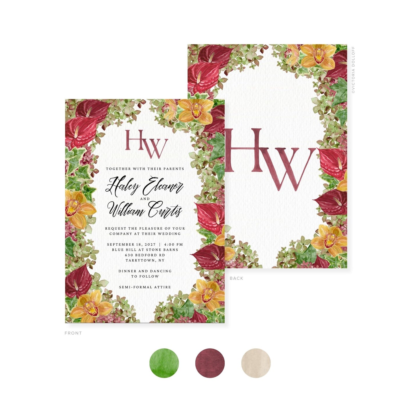 Watercolor invitation set: front and back cards with floral frame and monogram HW