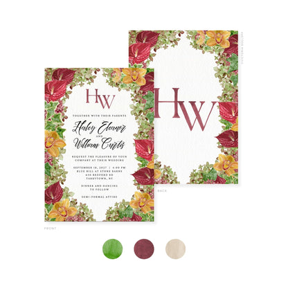 Watercolor invitation set: front and back cards with floral frame and monogram HW