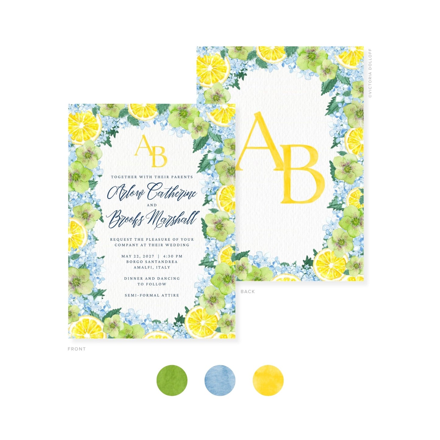 Wedding invitation with watercolor lemon and floral wreath; front and back shown.
