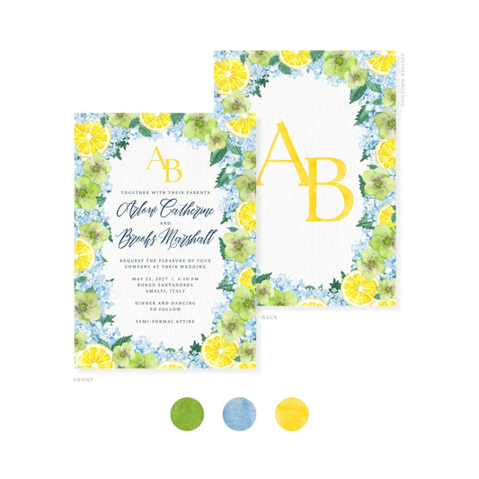 Wedding invitation with watercolor lemon and floral wreath; front and back shown.