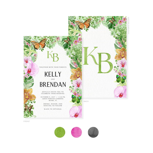 Invitación de boda acuarela: frente y reverso con monograma KB grande en verde