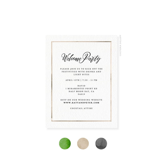 Watercolor border enclosure card with “Welcome Party” and sand border, dark script