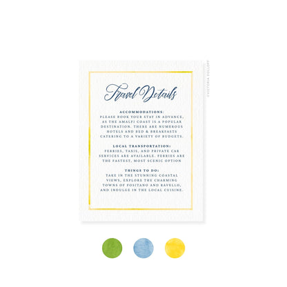 Travel Details card with yellow border, cursive title and section text in navy