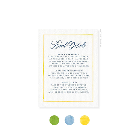 Travel Details card with yellow border, cursive title and section text in navy
