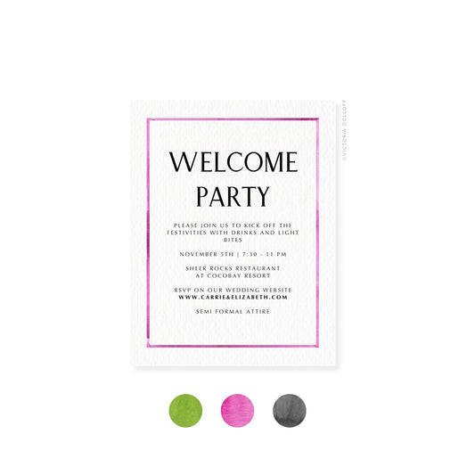 Enclosure card “WELCOME PARTY” with Orchid Pink watercolor border and Clean caps layout