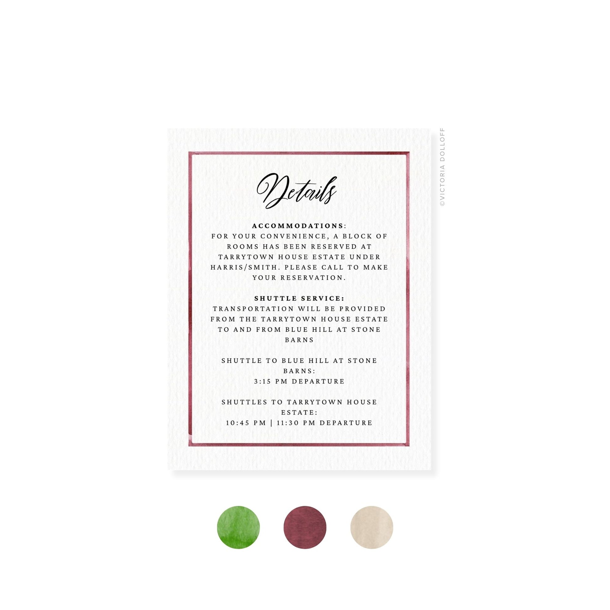 Enclosure card “Details” with mauve-red border and navy-blue text