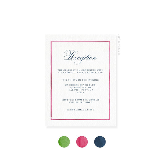 Reception enclosure card with rosebud pink border and script “Reception”