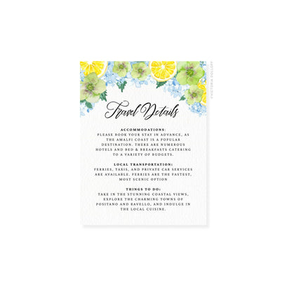 „Travel Details“ Enclosure Card mit blauen und grünen Aquarellblüten am oberen Rand