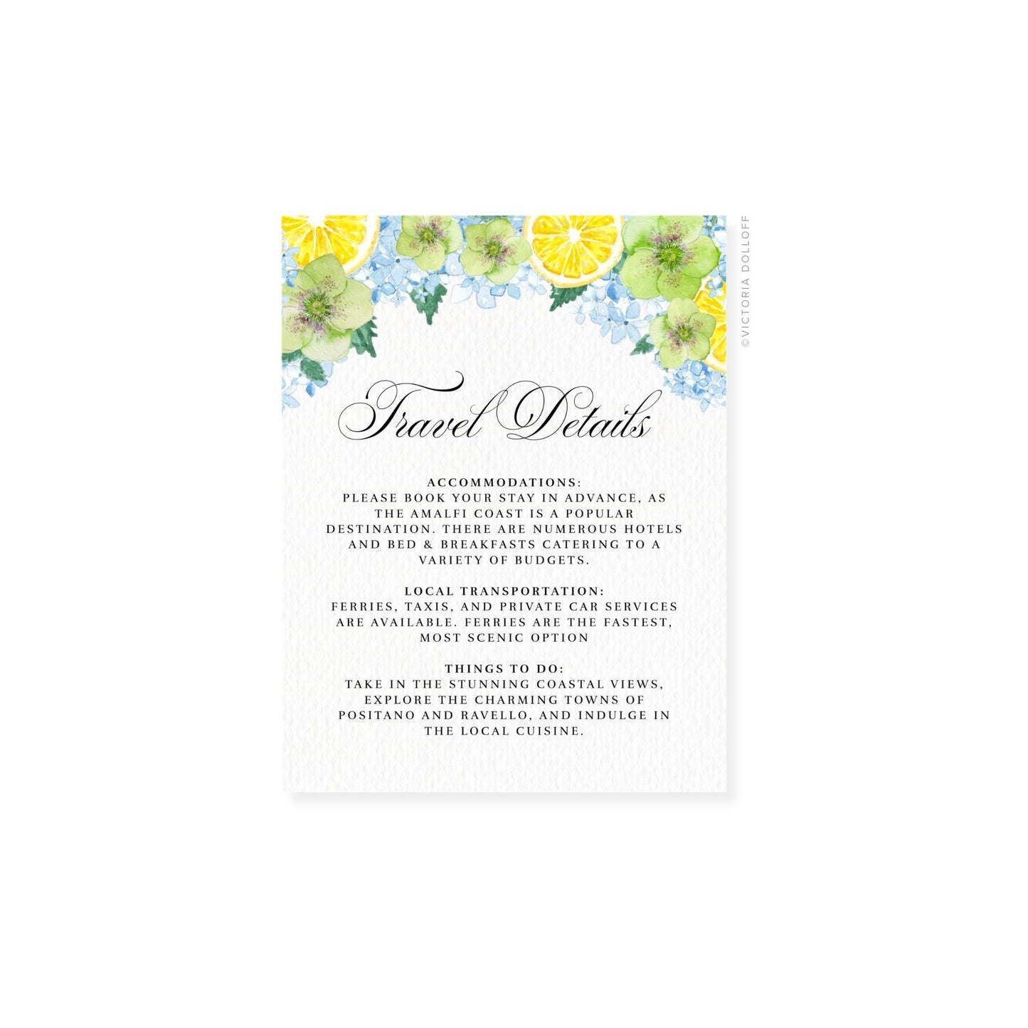 Travel Details Enclosure Card mit floralem Aquarellrand und Textabschnitt „Things to do“