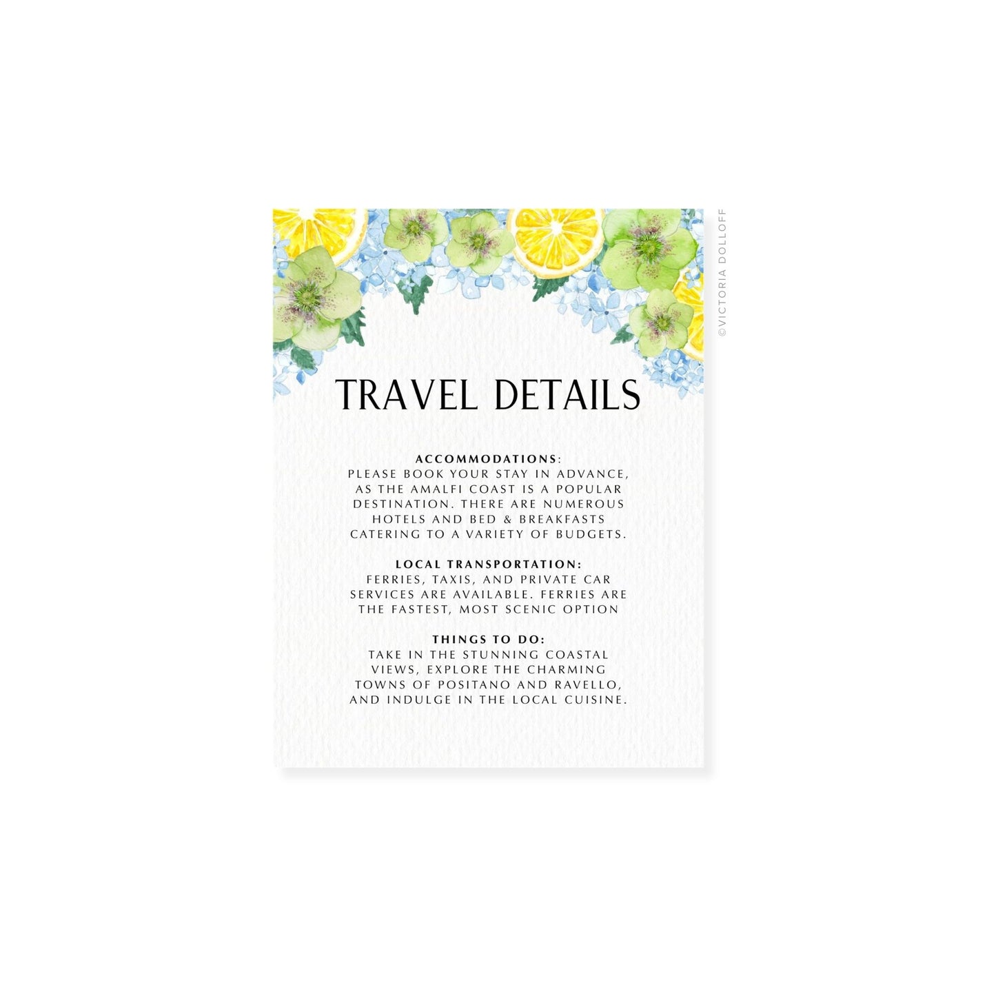 Enclosure Card „TRAVEL DETAILS“ mit floralem Aquarellkopf und kompakter Textanordnung