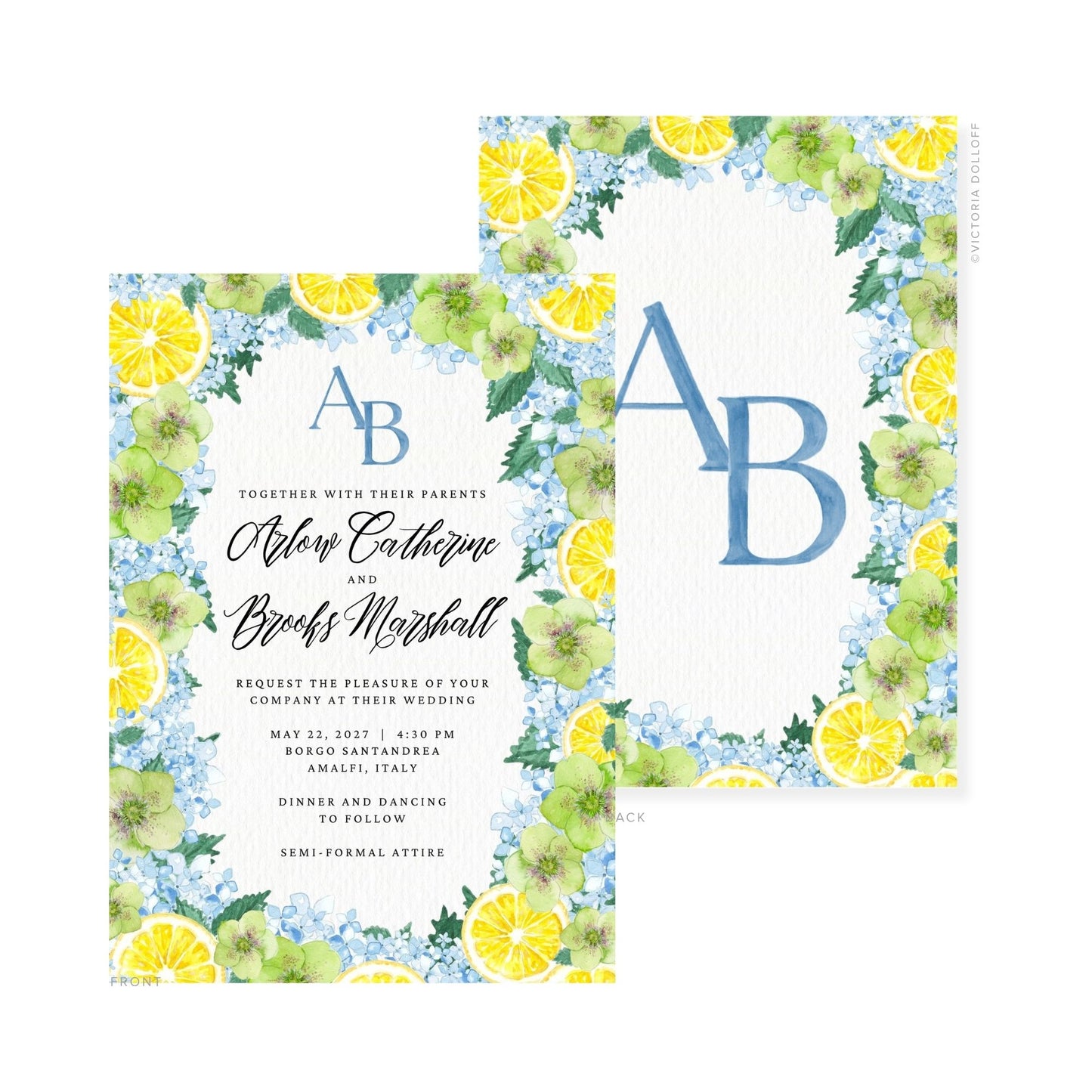 Watercolor wedding invitation with blue monogram “A” and “B”; front and back with lemon florals.