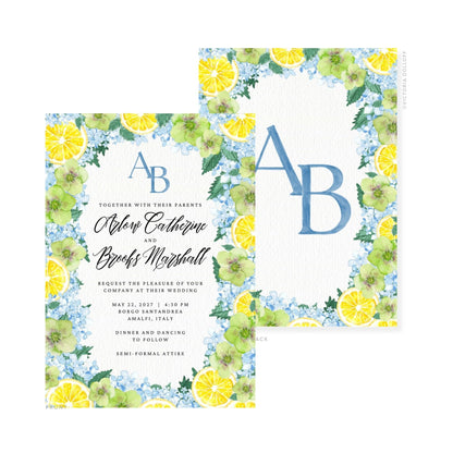 Watercolor wedding invitation with blue monogram “A” and “B”; front and back with lemon florals.