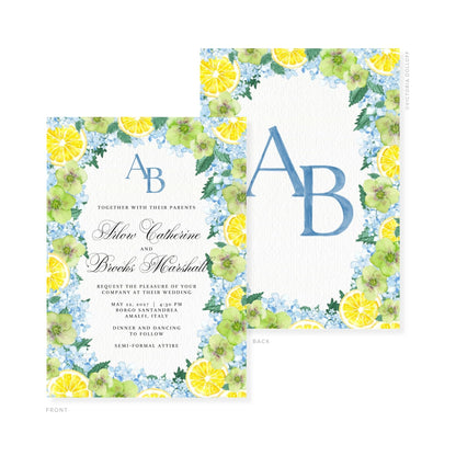 Watercolor wedding invitation front and back with blue monogram AB in lemon-floral design