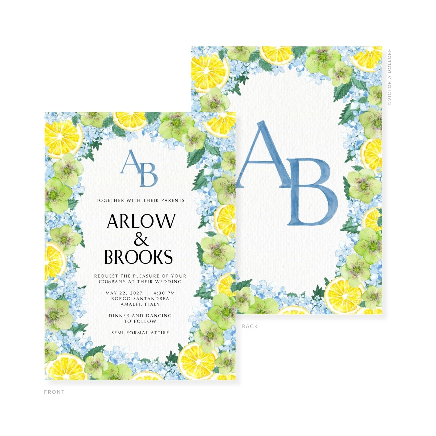 Watercolor wedding invitation with blue monogram AB, “ARLOW & BROOKS,” and lemon floral border