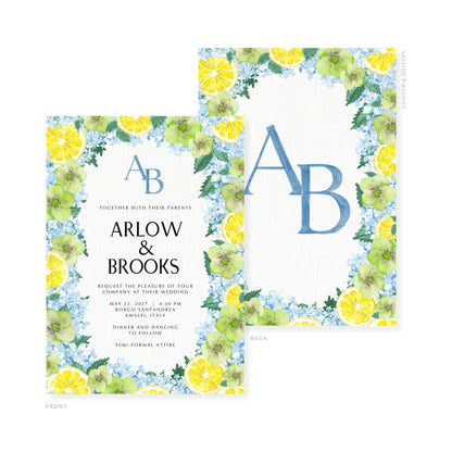 Watercolor wedding invitation with blue monogram AB, “ARLOW & BROOKS,” and lemon floral border