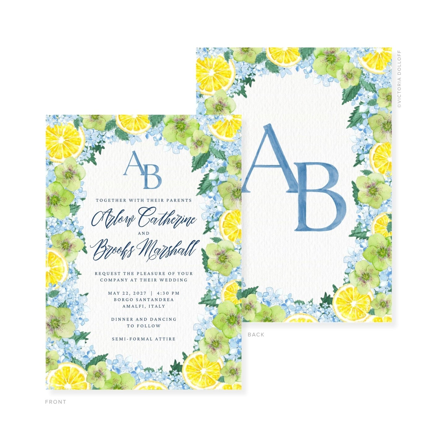 Watercolor wedding invitation set; blue monogram “A” and “B” with lemon and floral border.