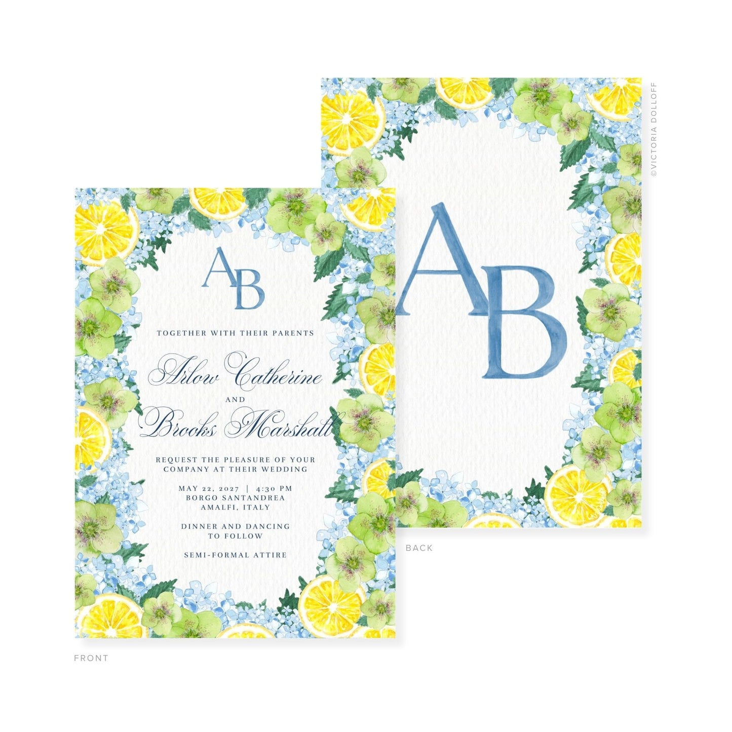 Watercolor wedding invitation set with blue monogram AB and lemon-floral wreath frame