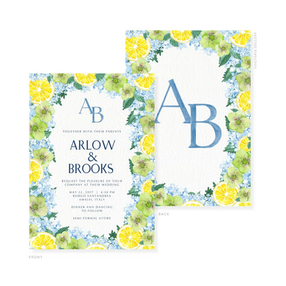Watercolor wedding invitation with blue monogram AB and “ARLOW & BROOKS” text