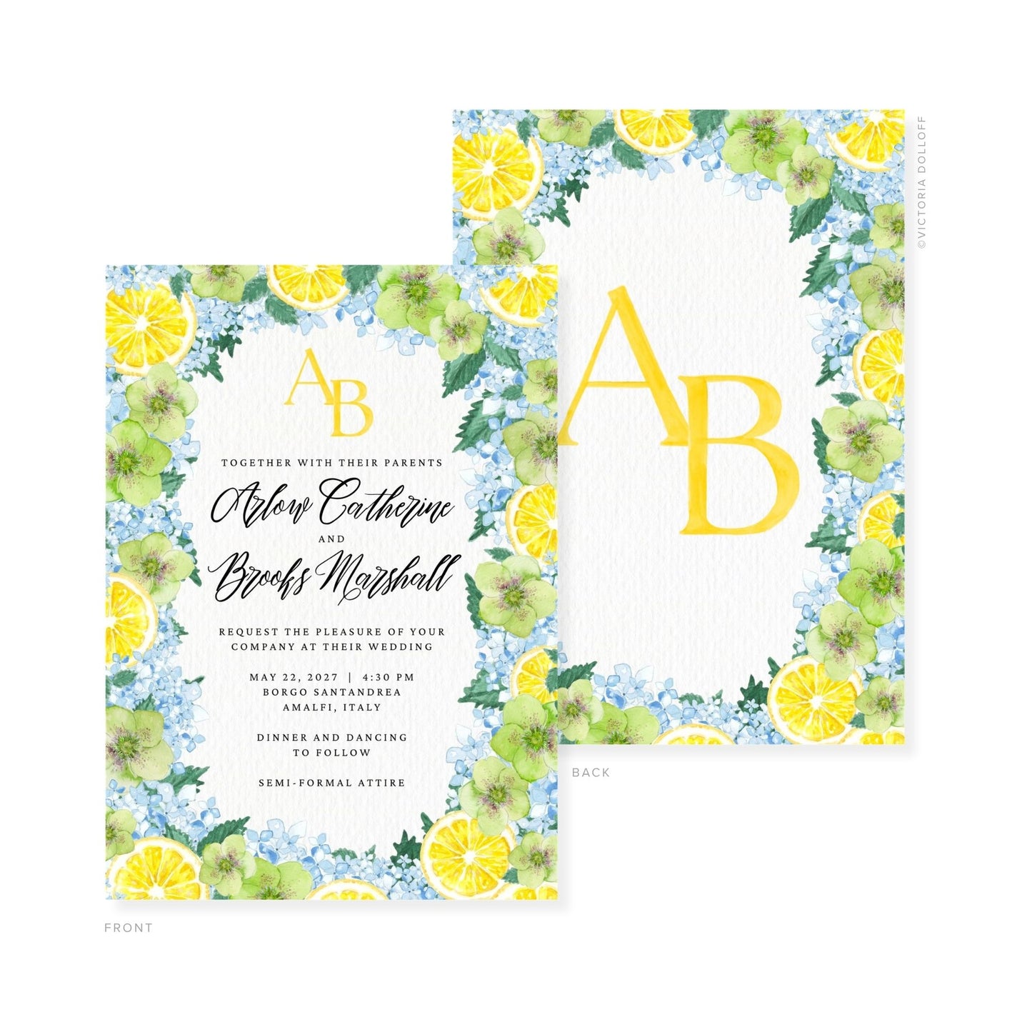 Watercolor wedding invitation with gold monogram AB and scripted couple names in lemon-floral